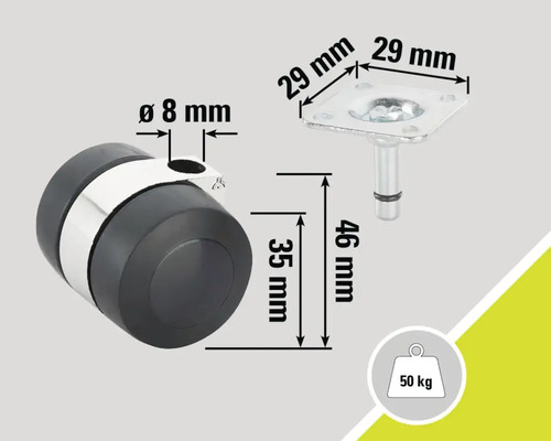 Möbelrolle mit Platte und technischen Maßen, Belastbarkeit 50 Kilogramm