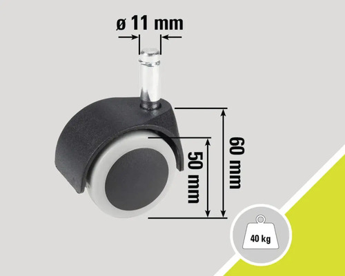 Stuhlrolle mit einem Durchmesser von 11 mm, einer Rollengröße von 50 mm, einer Bauhöhe von 60 mm und einer maximalen Belastbarkeit von 40 kg