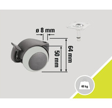 Möbelrolle mit Feststellbremse und Angaben zu Maßen und Belastbarkeit