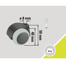 Möbelrolle mit Stift und einer Tragkraft von 40 Kilogramm, Durchmesser acht Millimeter