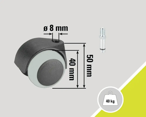 Möbelrolle mit Stift und einer Tragkraft von 40 Kilogramm, Durchmesser acht Millimeter