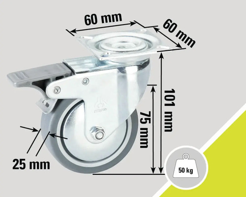 Möbelrolle mit Bremse, Maße 60 x 60 x 101 mm, Traglast 50 kg
