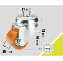 Lenkrolle mit den Maßen 58 mm Höhe, 25 mm Raddurchmesser und 11 mm Bohrlochdurchmesser, Traglast 100 kg