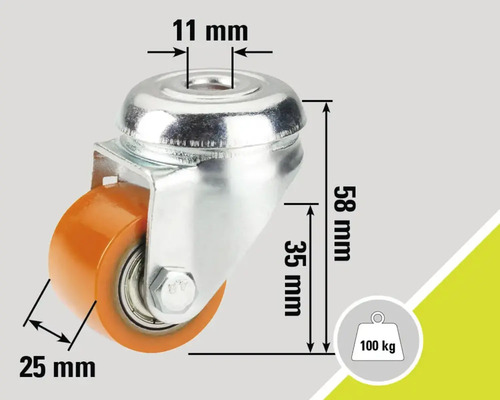 Lenkrolle mit den Maßen 58 mm Höhe, 25 mm Raddurchmesser und 11 mm Bohrlochdurchmesser, Traglast 100 kg