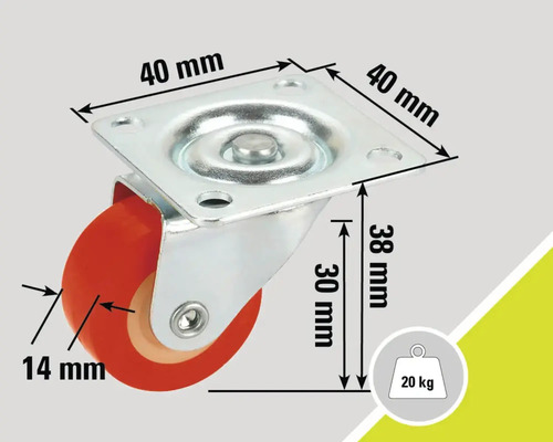 Lenkrolle mit einer Traglast von 20 Kilogramm und den Maßen 40 x 40 x 38 Millimeter