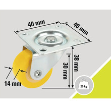 Lenkrolle mit den Maßen 40 x 40 Millimeter, 38 Millimeter Bauhöhe, 14 Millimeter Raddicke und 20 Kilogramm Traglast