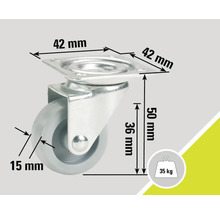 Lenkrolle mit den Maßen 42 mm x 42 mm Montageplatte und 50 mm Höhe, Tragkraft 35 kg