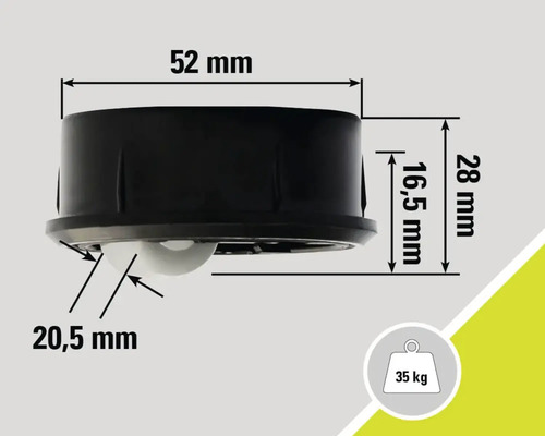 Technische Zeichnung Lenkrolle mit den Maßen 52 mm, 28 mm, 16,5 mm und 20,5 mm sowie einer Traglast von 35 kg