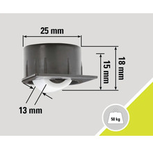 Möbelrolle mit einer Tragkraft von 50 Kilogramm und den Maßen 25 mm x 18 mm x 15 mm x 13 mm