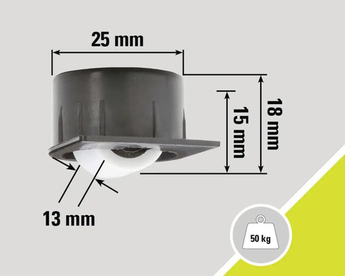 Möbelrolle mit einer Tragkraft von 50 Kilogramm und den Maßen 25 mm x 18 mm x 15 mm x 13 mm