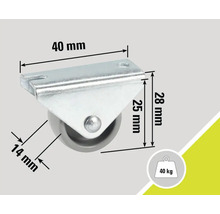 Rolle mit Platte und den Maßangaben 40 mm, 28 mm und 14 mm. Traglast bis zu 40 kg.
