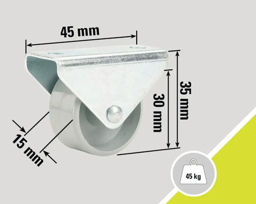 Lenkrolle mit einer Traglast von 45 Kilogramm und den Maßen 45 mm, 35 mm, 30 mm und 15 mm.