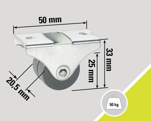 Möbelrolle mit einer Traglast von 50 Kilogramm und Maßangaben