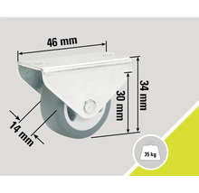 Lenkrolle mit den Maßen 46 mm, 34 mm und 14 mm sowie einer Traglast von 35 kg