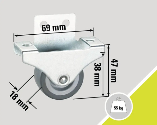 Möbelrolle mit Gehäuse und den Maßangaben 69 mm, 47 mm und 18 mm, Traglast 55 kg