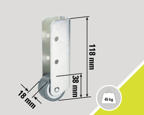 Möbelrolle mit den Maßen 118 mm Höhe, 38 mm Tiefe und 18 mm Raddurchmesser, Traglast 45 kg