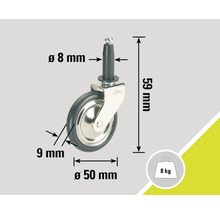 Möbelrolle mit Stift, Durchmesser 50 Millimeter und Traglast 8 Kilogramm