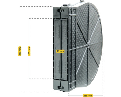 Abmessungen eines Filtersystems: 245 mm Höhe, 185 mm Länge und 235 mm Breite.