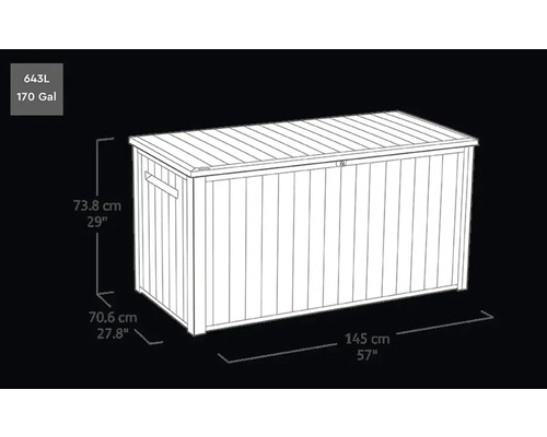 Illustration einer Gartenbox mit den Maßen 73,8 cm Höhe, 70,6 cm Tiefe und 145 cm Breite.