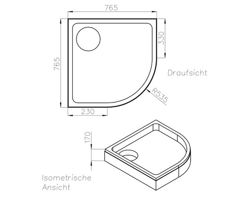 Technische Zeichnung einer Duschwanne mit Abmessungen