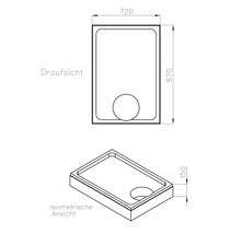 Technische Zeichnung einer Duschwanne mit den Maßen 720 x 870 x 150 mm