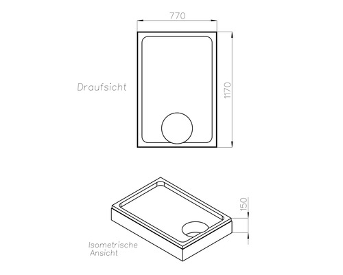 Zeichnung einer Duschwanne mit Maßangaben