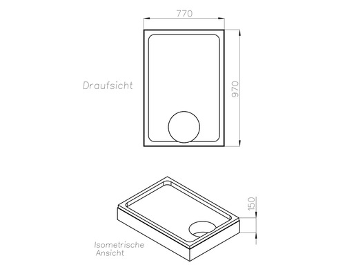 Technische Zeichnung einer Duschwanne mit Maßen 770 x 970 x 150 Millimeter in Aufsicht und isometrischer Ansicht