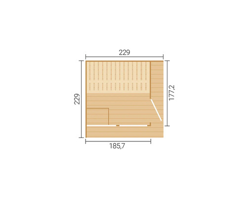 Grundriss einer Sauna mit Maßangaben 229 mal 229 Zentimeter.