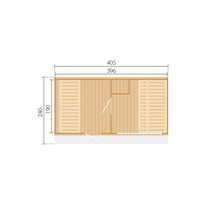 Grundriss eines Gartenhauses aus Holz mit den Maßen 405 mal 240 Zentimeter und Innenmaßen von 396 mal 190 Zentimeter.