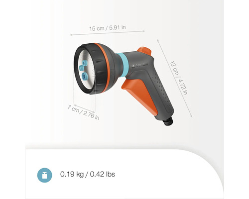 Gartendusche mit den Maßen 15 x 7 x 12 cm und einem Gewicht von 0,19 kg