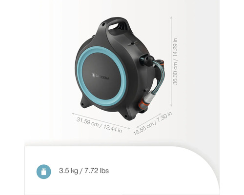 Gardena Schlauchbox mit Schlauch und Maßen
