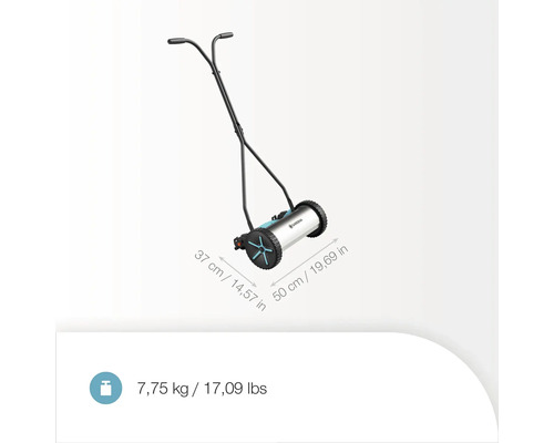 Handrasenmäher mit Griff und Maßen