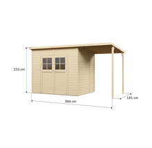 Gartenschuppen aus Holz mit Doppeltür, Fenstern und seitlichem Unterstand mit Größenangaben