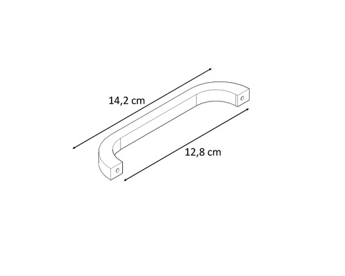 Zeichnung eines Möbelgriffs mit den Maßen 14,2 cm und 12,8 cm
