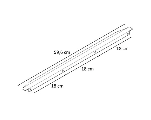 Zeichnung eines 59,6 cm langen Profils mit Bohrungen und einer Länge von 18 cm an beiden Enden.