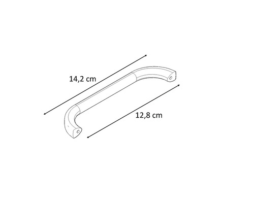Zeichnung eines Möbelgriffs mit den Maßen 14,2 cm und 12,8 cm
