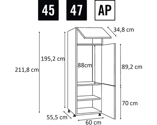 Technische Zeichnung eines Küchenschranks mit Maßangaben