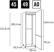 Maße eines Kleiderschranks als Strichzeichnung dargestellt.