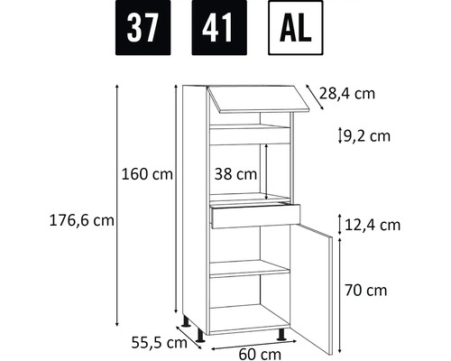 Technische Zeichnung eines Küchenschranks mit Maßangaben