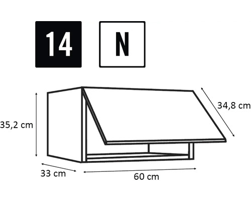 Technische Zeichnung eines Hängeschranks mit Maßangaben