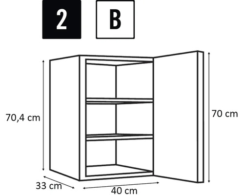 Technische Zeichnung eines Hängeschranks mit Tür und Innenregalen, Maße sind angegeben