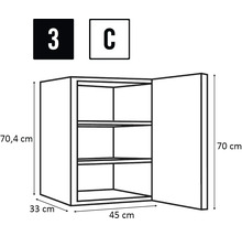 Zeichnung eines Wandschranks mit drei Regalen und Maßangaben
