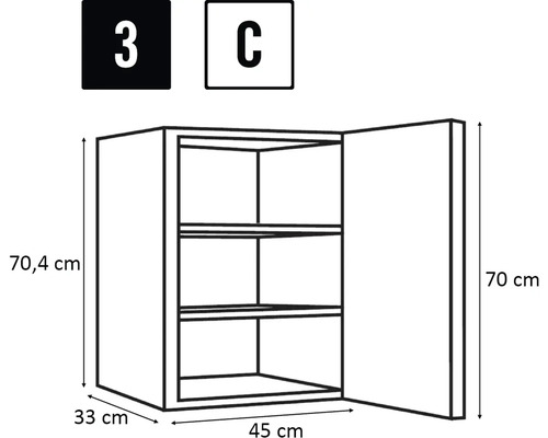 Zeichnung eines Wandschranks mit drei Regalen und Maßangaben