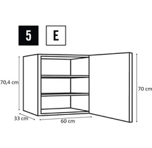 Technische Zeichnung eines Küchenhängeschranks mit drei Einlegeböden und den Maßangaben 70,4 cm Höhe, 33 cm Tiefe und 60 cm Breite.