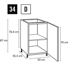 Illustration eines Küchenunterschranks mit den Maßen 87 cm Höhe, 50 cm Breite und 55,5 cm Tiefe