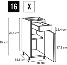 Skizze eines Unterschranks mit Schublade, Tür, Fachboden und Maßangaben