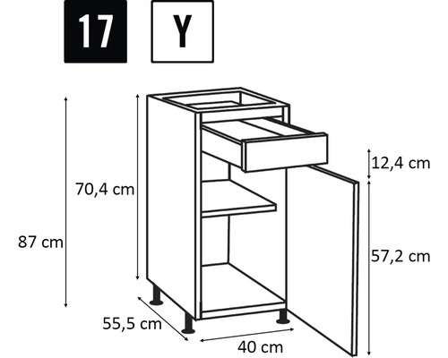Technische Zeichnung eines Unterschranks mit Schublade und Tür sowie Maßangaben