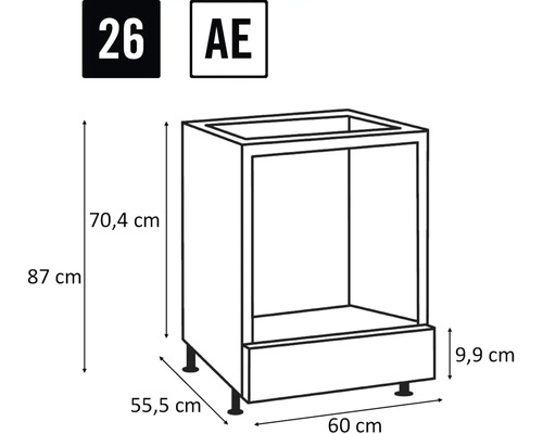 Zeichnung eines Küchenunterschranks mit Maßangaben