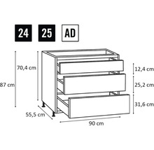 Technische Zeichnung eines Unterschranks mit drei Schubladen und Maßangaben.