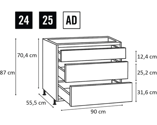 Technische Zeichnung eines Unterschranks mit drei Schubladen und Maßangaben.